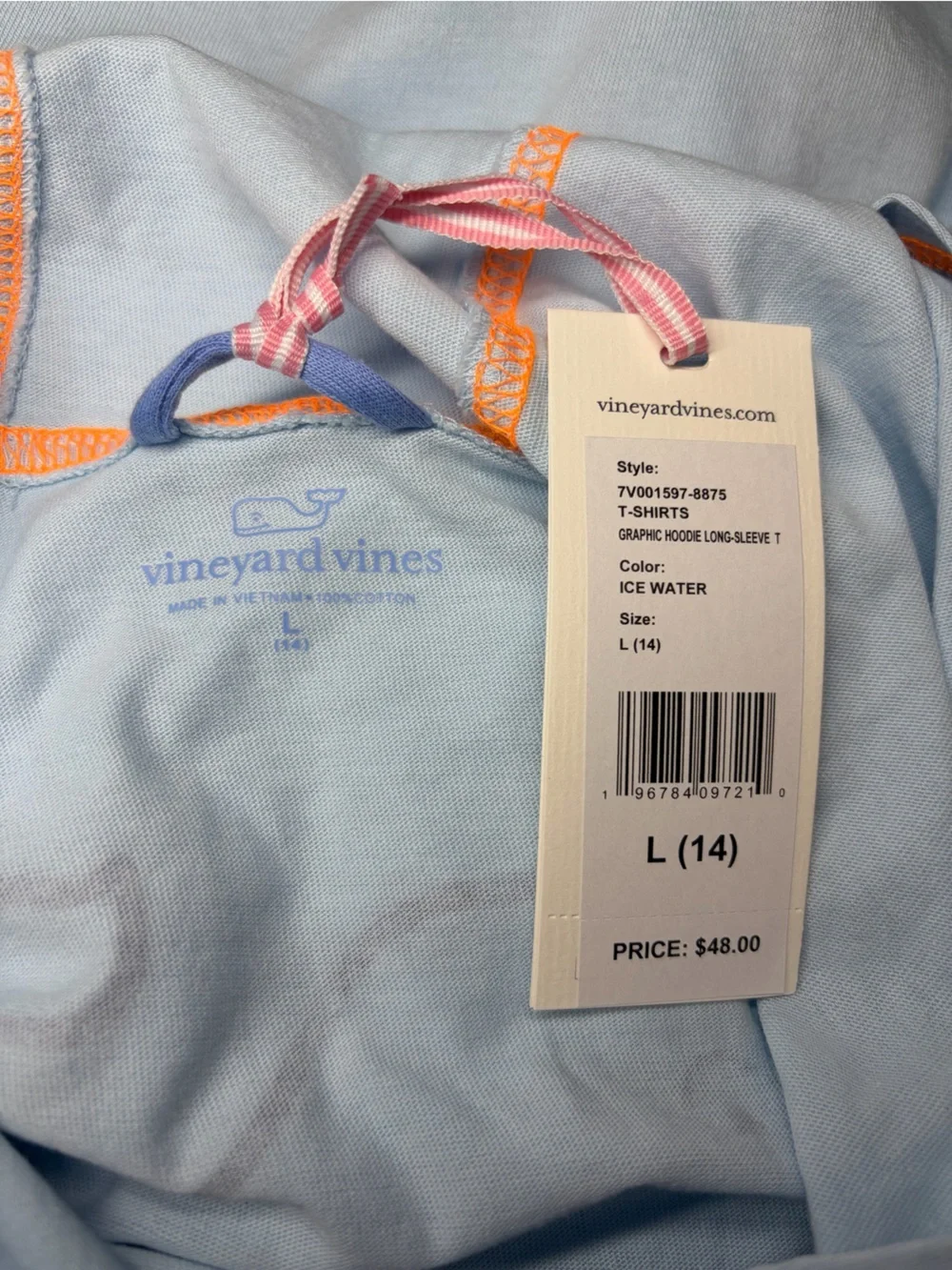 NWT Vineyard Vines Light Blue Hooded Pullover with Whale & Rainbow Logo Youth L